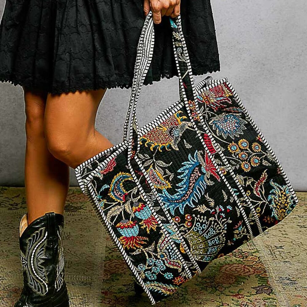 POL Black Kantha quilted patchwork floral embroidered XL boho tote bag - Picture 3 of 5